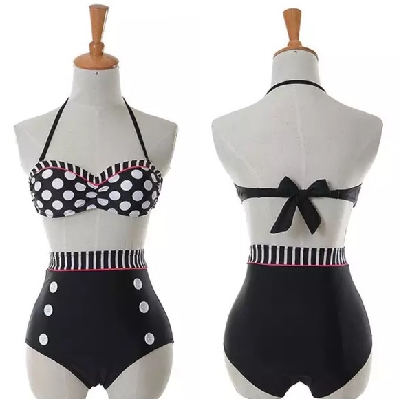 Retro Black & White Dot High Waist Push-Up Bikini - Picture 5 of 16